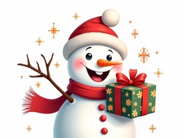 A cheerful snowman wearing a Santa hat and scarf. preview picture