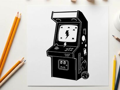 Vintage arcade machine silhouette with lightning bolt logo