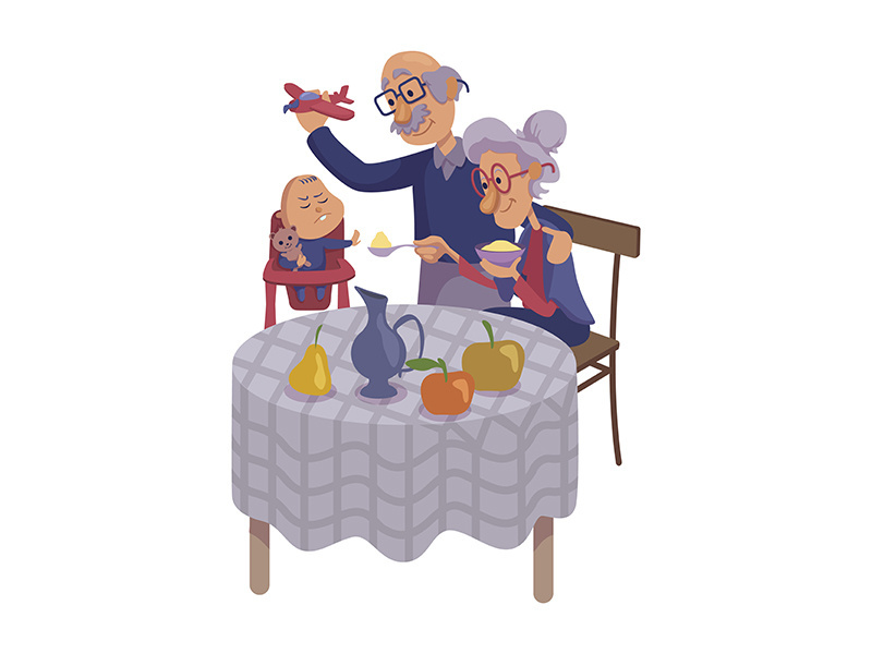 Grandparents feeding baby flat cartoon vector illustration