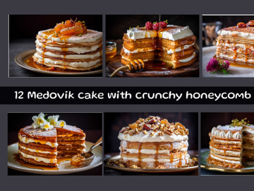 Medovik cake with crunchy honeycomb pieces preview picture