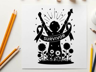 Silhouette of a survivor with flowers and ribbons in black and white