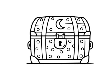 Ilustração de baú de tesouro vintage com lua e cadeado. Esboço clássico de baú de butim pirata para temas de aventura e fantasia.