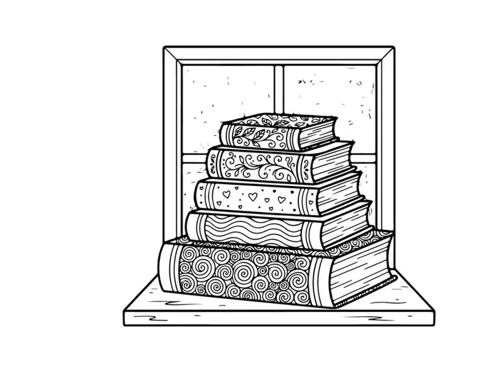 Tumpukan buku vintage dalam ceruk kaca dengan latar belakang bunga salju meriah untuk dekorasi liburan