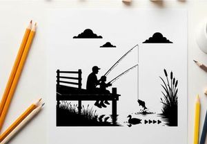 Silhouette of man and child fishing on a serene lake