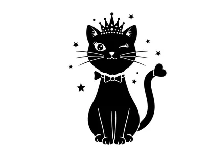 Regal silhouette cat in crown and bow tie with stars