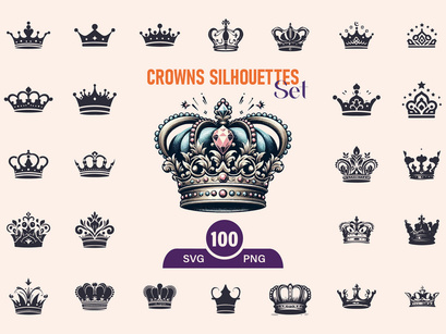 Royal Crown Silhouette, Retro King Crown Icons.