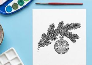 Christmas bauble hanging on a pine branch, hand drawn sketch illustration.