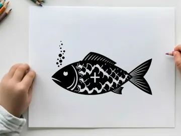 Black silhouette fish with cross on side swimming left preview picture
