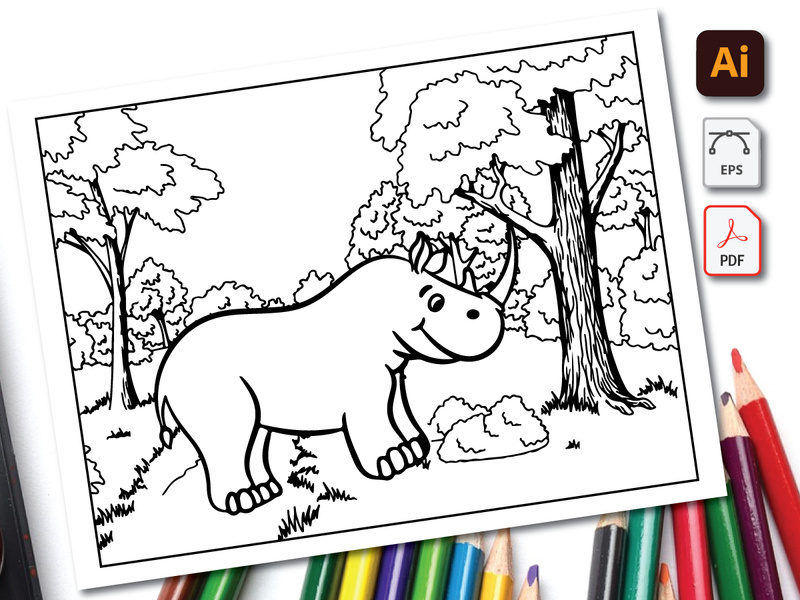 Rhino Coloring Book Line Art Design