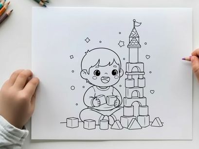 Cute baby playing with building blocks vector illustration