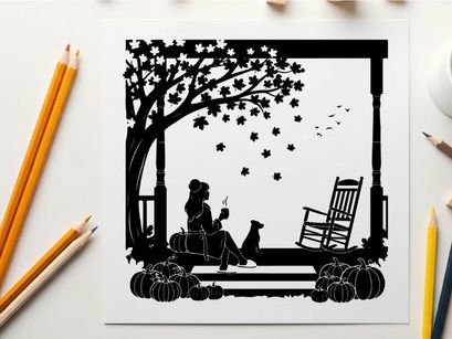 Silhouette of woman and dog on porch with autumn leaves