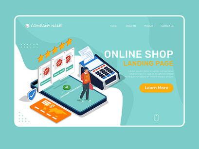 Landing Page Illustration of online shop with man buying with cell phone.