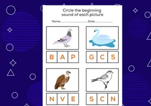 Circle the beginning sound of each bird. Educational game for kids