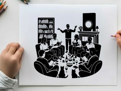 Silhouette of people gathered around a table with a speaker