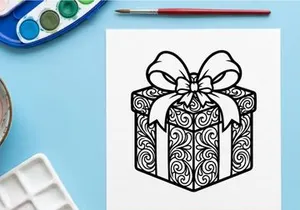 Christmas gift box line art illustration with decorative floral swirl patterns and bow