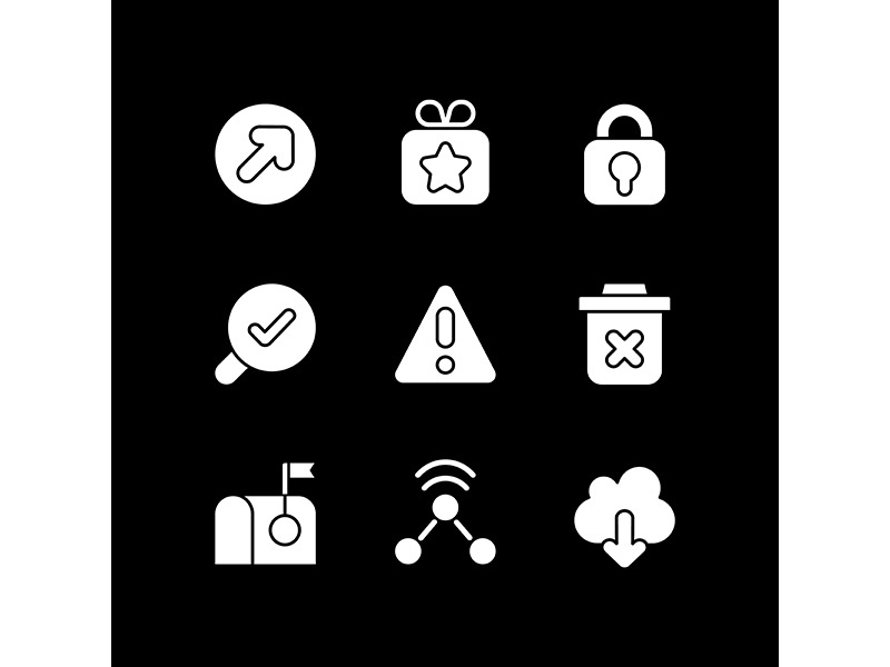 Interface elements white glyph icons set for dark mode