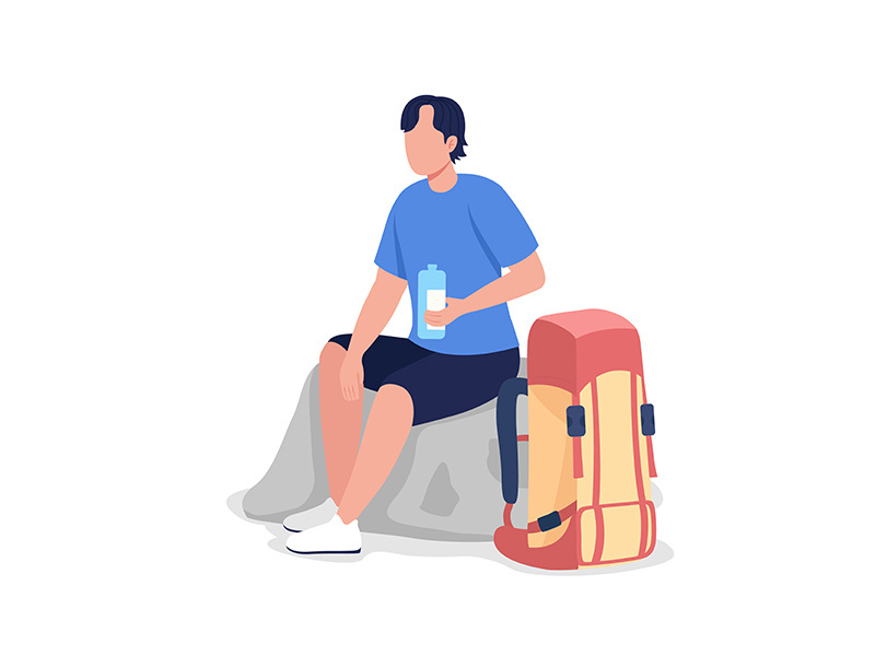 Hiker drinking water semi flat color vector character