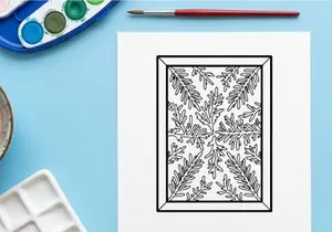 Christmas pine branch line art illustration in a rectangular frame for holiday design