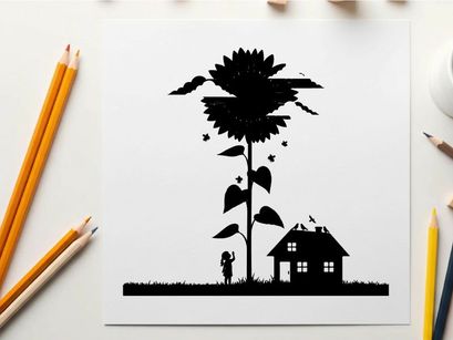 Silhouette of a person standing next to a giant sunflower and house
