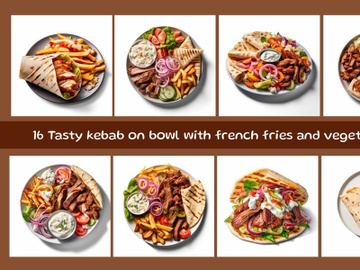 Tasty kebab on bowl with french fries and vegetables preview picture
