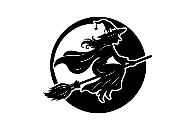 Black and white witch riding broomstick in moonlit night