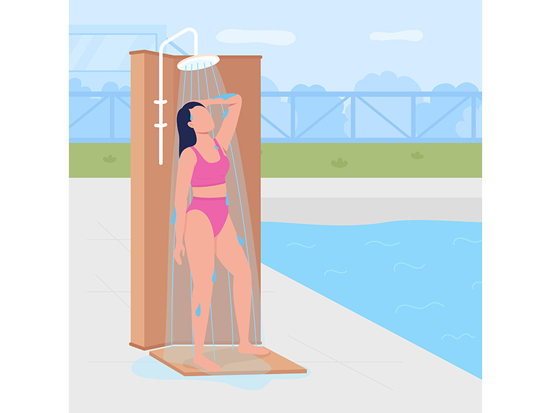 Showering before swimming flat color vector illustration