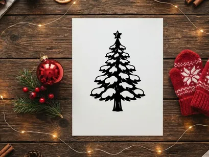 Hand drawn Christmas tree with snow icon, black and white holiday vector illustration.