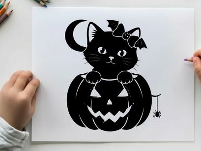 Black cat sitting on jack o lantern silhouette with bat bow and crescent moon