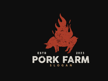 Pig Logo, Grilled Pork Pig Simple Rustic Stamp, Livestock Cattle Vector preview picture