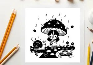 Little girl with silhouette under a spotted mushroom umbrella on a rainy day