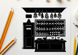 Silhouette of a vintage apothecary shop interior with hanging herbs