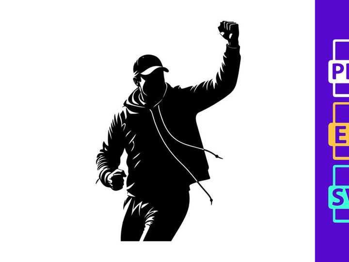 A person wearing a hoodie and cap with one arm raised in a gesture