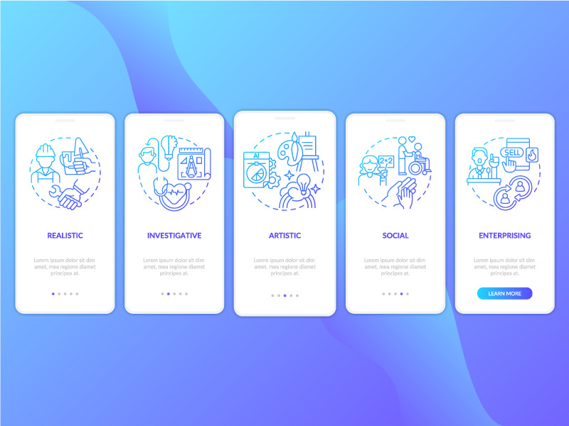 Office environment types blue gradient onboarding mobile app screen