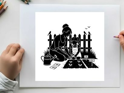 Silhouette of a woman and child planting seeds in a garden