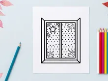 Christmas window line art icon with snowflakes and star for holiday design projects.