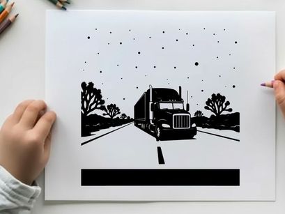 Silhouette of a semi truck driving down a road with trees on a snowy night