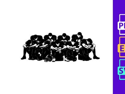 A group of people sitting in a row with their heads down