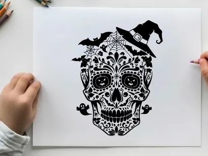 Tag-des-Toten-Schädel mit Hexenhut Vektorgrafik