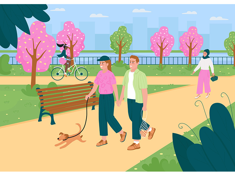 People walk in springtime park flat color vector illustration