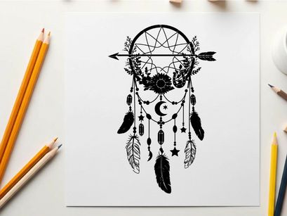 Silhouette dreamcatcher with moon stars and feathers