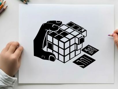 Silhouette of hand holding a rubik's cube with notes