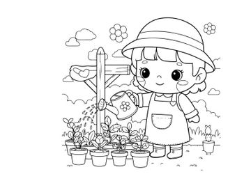 Cute girl watering plants in garden vector illustration preview picture