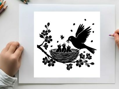 Silhouette of bird feeding chicks in nest on blooming branch