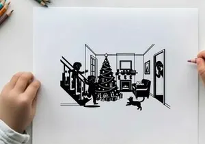 Black and white silhouette of children decorating christmas tree