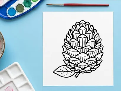 Ilustrasi kerucut pinus dengan daun. Gambar botanis artistik untuk tema alam.