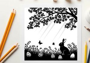 Easter bunny silhouette under tree with eggs and butterfly