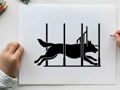 Dog silhouette jumping over hurdles in athletic silhouette