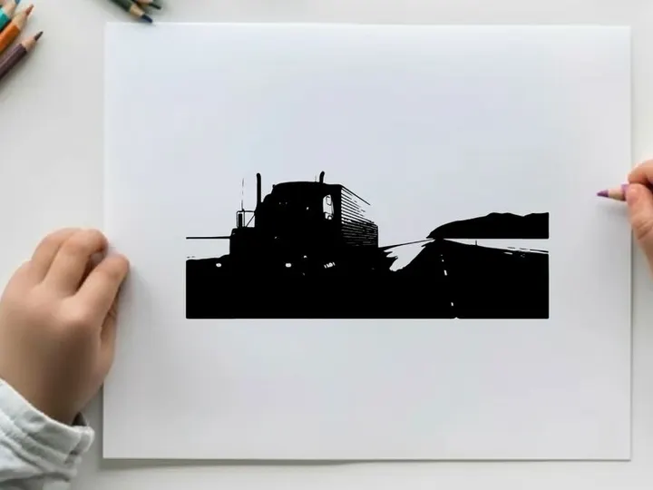 Silhouette of a semi truck driving on a highway at dawn or dusk