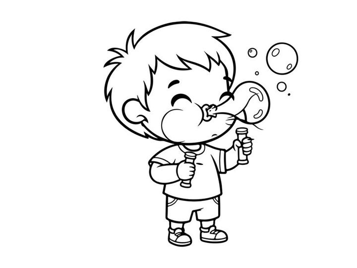 Cute boy blowing bubbles playful cartoon vector illustration