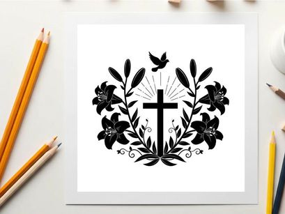 Christian cross silhouette with floral wreath and dove
